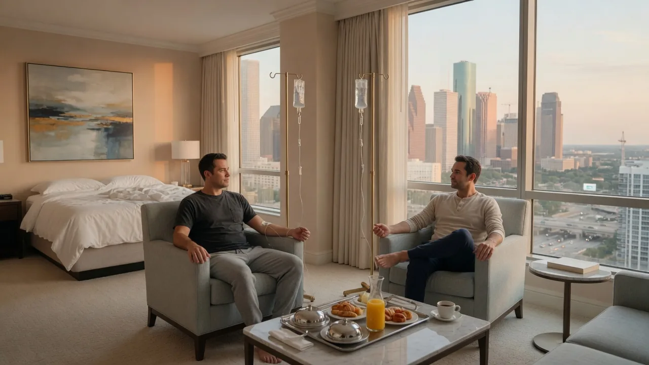 Two adults receiving mobile IV hydration in a downtown Houston hotel suite on Sunday morning with the skyline in the window Two adults receiving mobile IV hydration in a downtown Houston hotel suite on Sunday morning with the skyline in the window