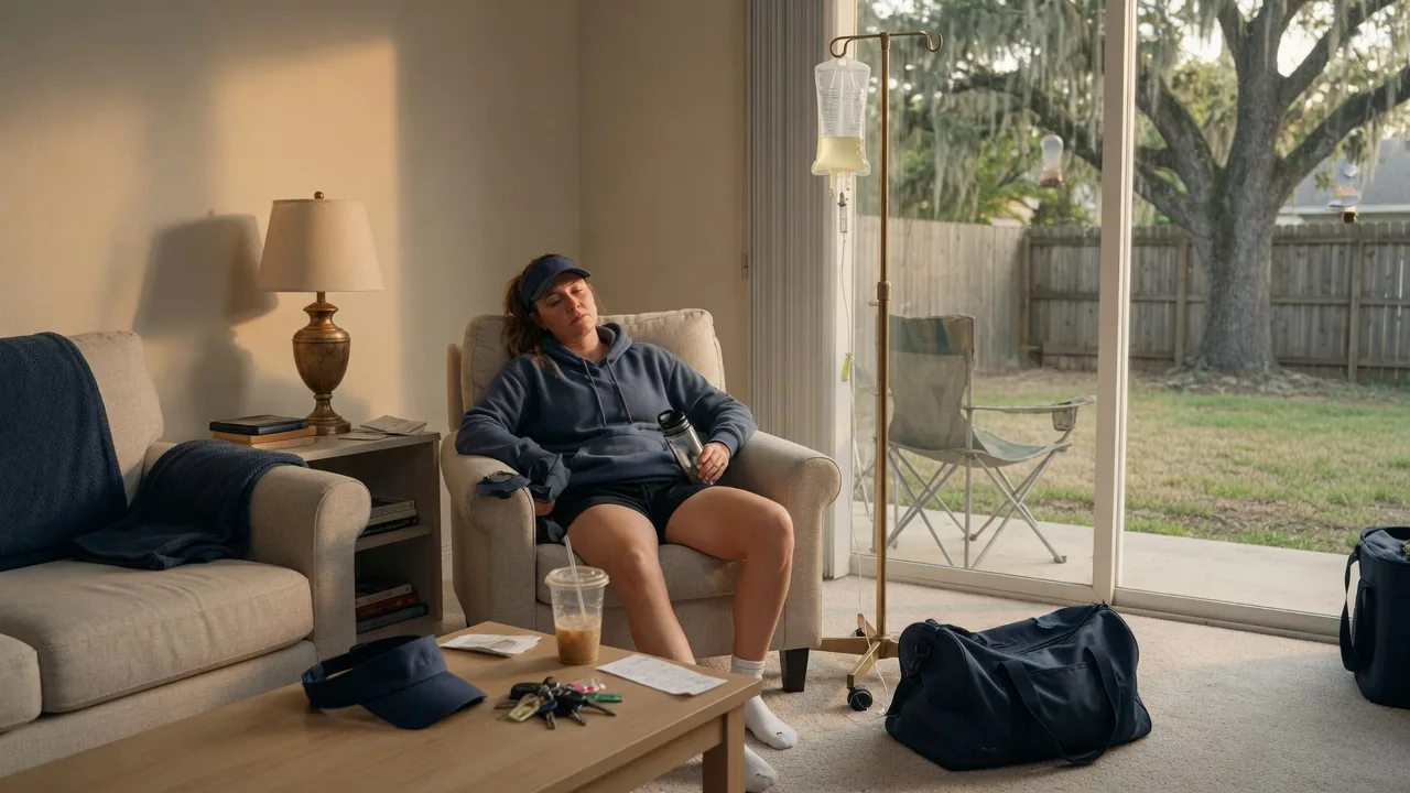 Katy Texas parent resting in a living room with mobile IV hydration after a long youth sports Saturday Katy Texas parent resting in a living room with mobile IV hydration after a long youth sports Saturday