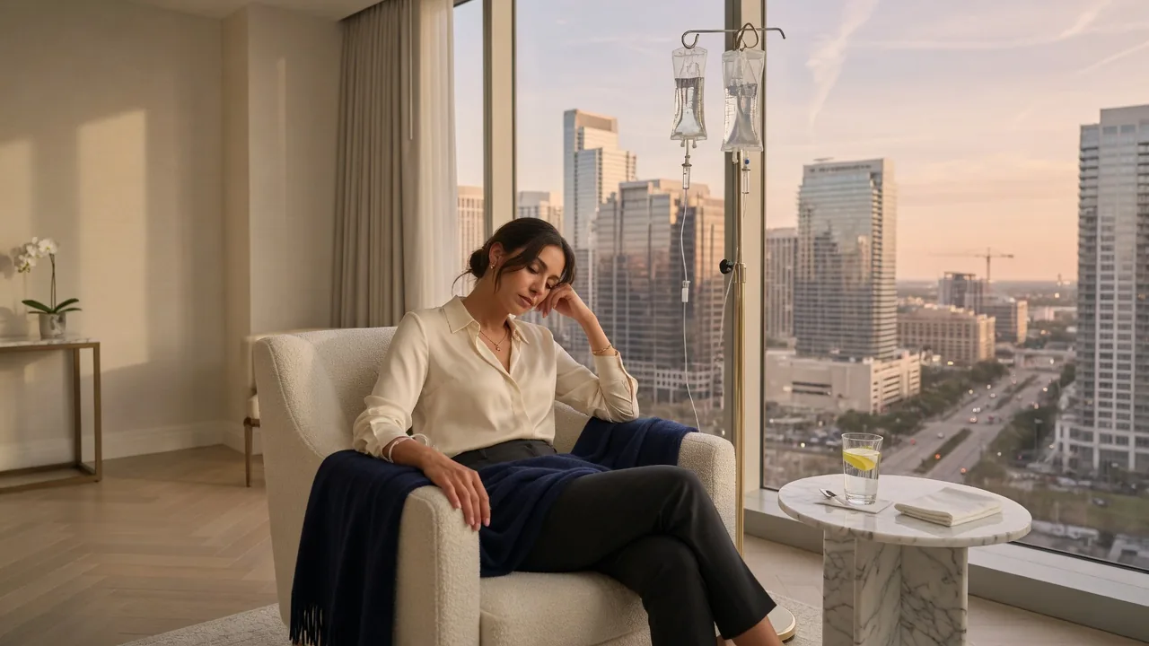 Guest receiving mobile IV hydration in a Houston Galleria-area hotel room with the city skyline in the window Guest receiving mobile IV hydration in a Houston Galleria-area hotel room with the city skyline in the window