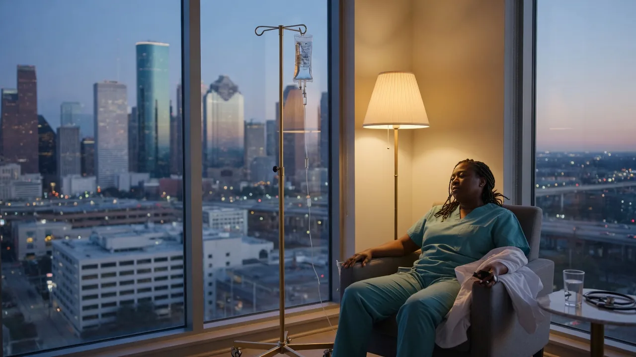 Night-shift clinician resting with mobile IV hydration at dawn in an apartment overlooking the Houston skyline Night-shift clinician resting with mobile IV hydration at dawn in an apartment overlooking the Houston skyline