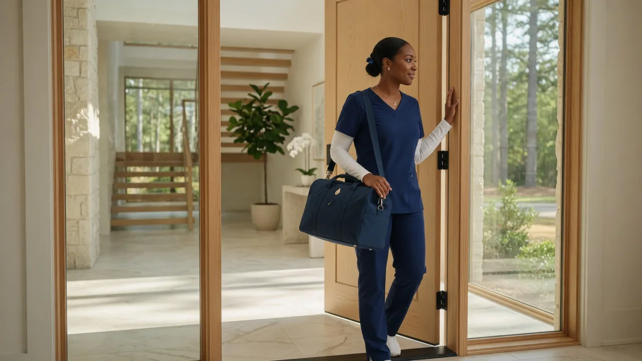 RapidRefresh nurse arriving with a navy kit at a glass-and-pine home in The Woodlands, Texas RapidRefresh nurse arriving with a navy kit at a glass-and-pine home in The Woodlands, Texas